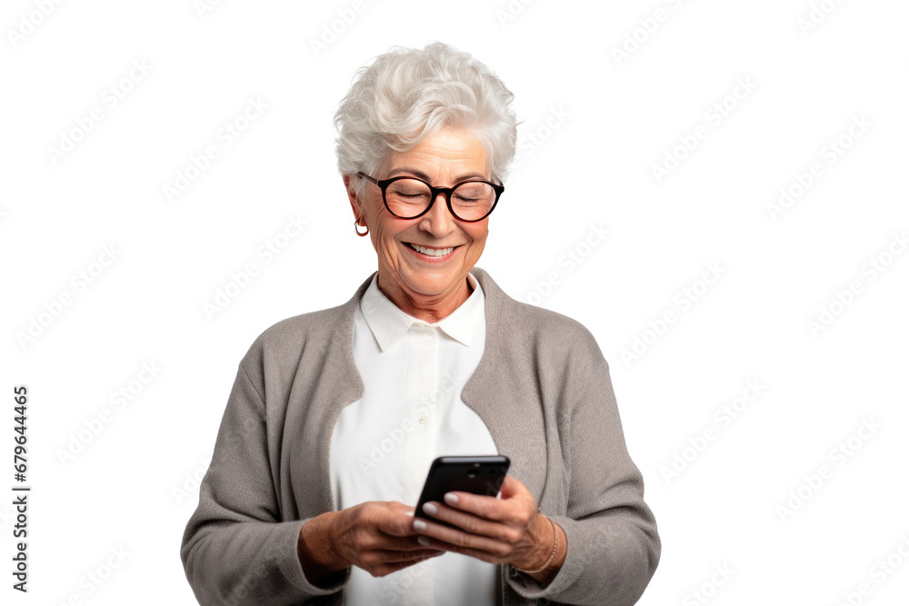 An elderly woman holding a phone isolated on transparent background. An elderly woman holding a phone isolated on transparent background.