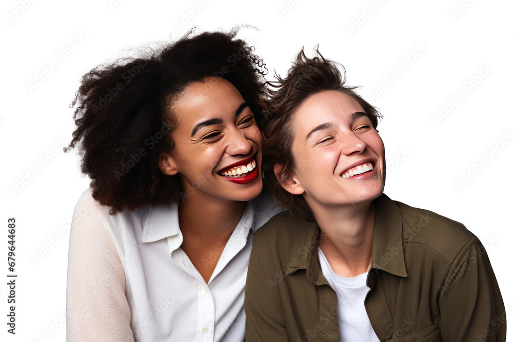 Two interracial best friends laughing and having a good time together isolated on transparent background. Two interracial best friends laughing and having a good time together isolated on transparent background.