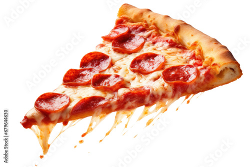 Delicious tasty slice of pepperoni pizza flying isolated on transparent background. photo