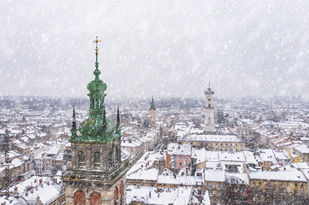Obraz premium Panoramic view on Lviv in winter from drone