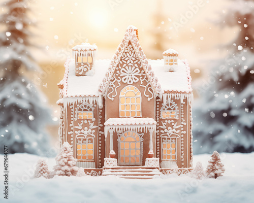 Photorealistic Christmas-themed illustration: Light toy gingerbread house in the snow