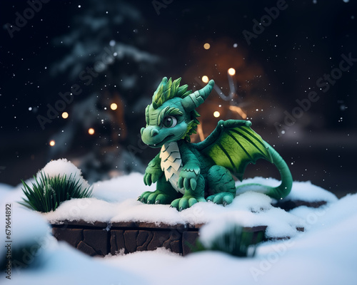 Photorealistic Christmas-themed illustration: green plush cute dragon, symbol of the 2024 new year, in the snow © Tilra