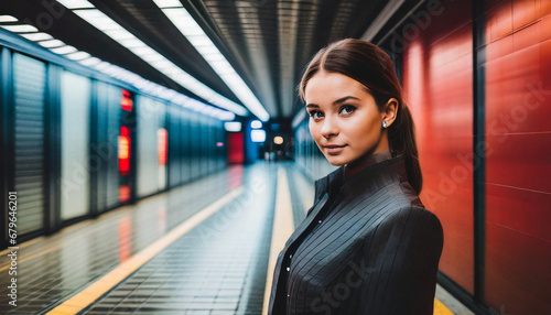 Woman in Subway Station with Direct Gaze, Ponytail, Under Fluorescent Light with Blue and Red Hues in Dynamic Urban Setting