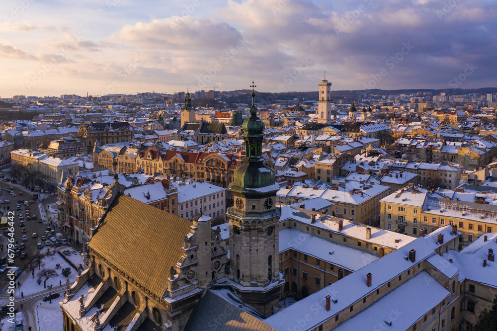 Panoramic view on Lviv in winter from drone