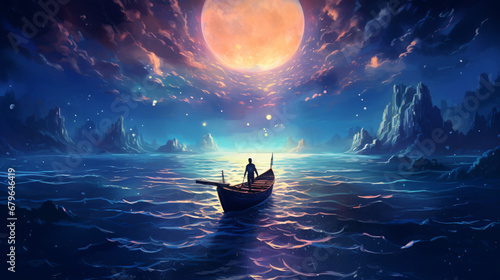Night scenery of a man rowing a boat