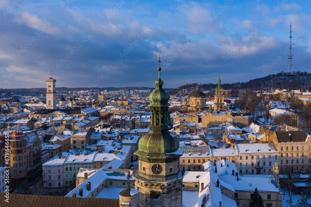Panoramic view on Lviv in winter from drone