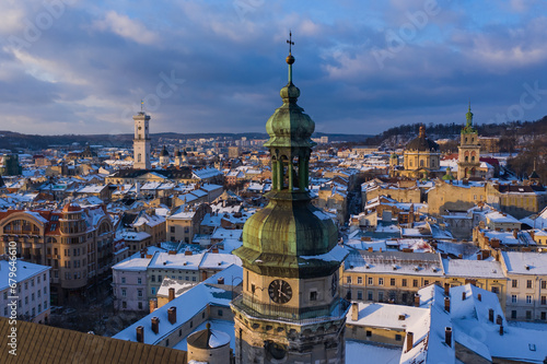 Panoramic view on Lviv in winter from drone