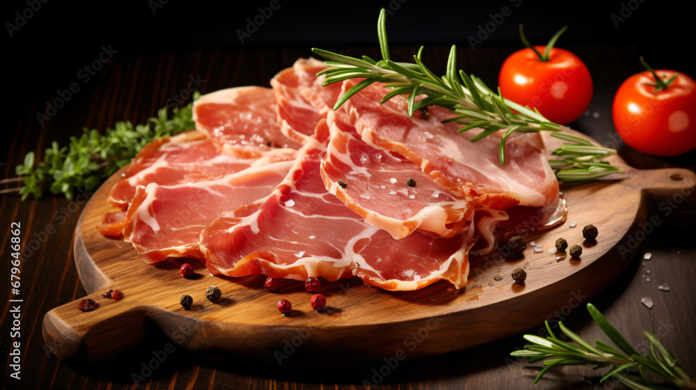 Jamon sliced on a wooden board with tomatoes