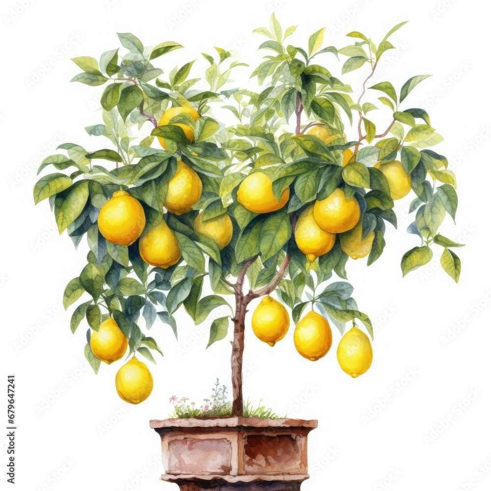 Serene Italian Lemon Tree in Watercolor on a White Background