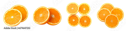 Slice of oranges fruit. Fresh orange isolated on transparent background. Orange fruit with cut in half and isolated on transparent background. photo