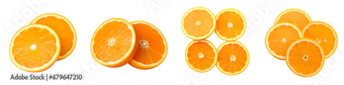 Slice of oranges fruit. Fresh orange isolated on transparent background. Orange fruit with cut in half and isolated on transparent background.