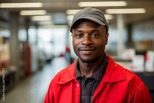 Generative AI image of handsome man postman mail carrier wear uniform standing in the warehouse