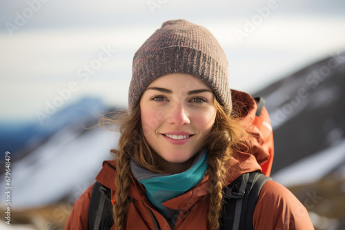 Happy young woman wearing warm winter hiking clothes climbing high peak mountain Generative AI picture