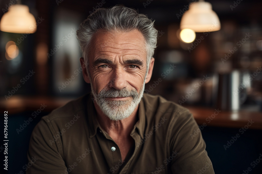 Generative AI portrait of confident city citizen person enjoying weekend time drinking coffee in modern cafe Generative AI portrait of confident city citizen person enjoying weekend time drinking coffee in modern cafe