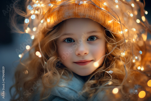 Little child enjoying Christmas lights atmosphere outdoors snowy day Generative AI