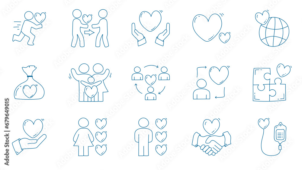 Hand drawn charity love line icon set. Charity love doodle icon collections.
