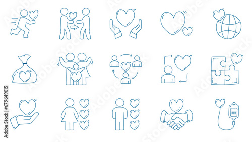 Hand drawn charity love line icon set. Charity love doodle icon collections.