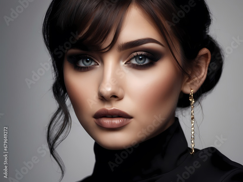 Fashion style  manicure  cosmetics and make-up. Dark lips makeup   nails polish. Close-up portrait of female model with brown lipstick  black fingernails and clean skin. Shiny slicked back hairstyle