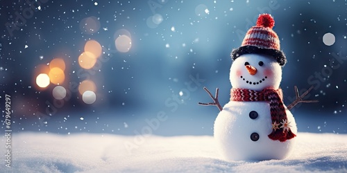 Building joy with frosty friend. Snowy delight. Celebrating season with merry snowman and snow. Frosty greetings. Charming in winter tale on christmas photo