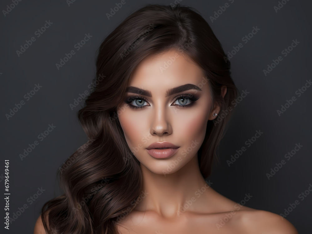 Fashion style, manicure, cosmetics and make-up. Dark lips makeup & nails polish. Close-up portrait of female model with brown lipstick, black fingernails and clean skin. Shiny slicked back hairstyle