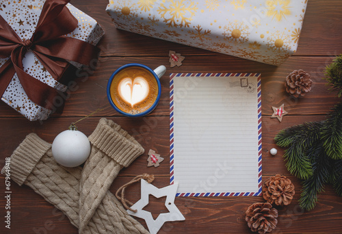 A letter for Santa Claus with fragrant coffee, a New Year's atmosphere. View from above