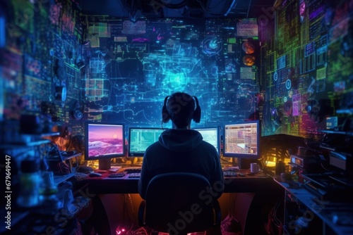  teenage gamer with headphones is sitting with his back near computers. futuristic game room