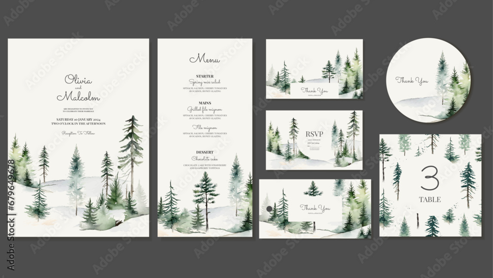 Set of Templates for Wedding Decoration in Forest Style. Forest Background, Spruces, Pines Painted in Watercolor. Invitations, Menus, Thank You Cards, Tags, Stickers, Table Numbers. Vector - obrazy, fototapety, plakaty 