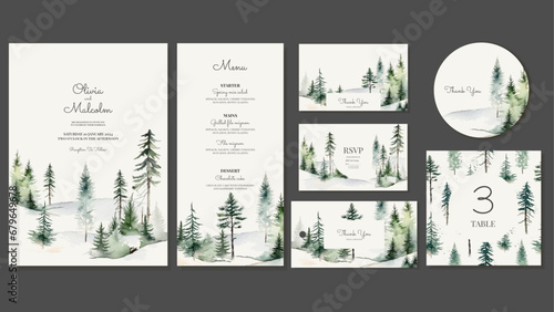 Set of Templates for Wedding Decoration in Forest Style. Forest Background, Spruces, Pines Painted in Watercolor. Invitations, Menus, Thank You Cards, Tags, Stickers, Table Numbers. Vector