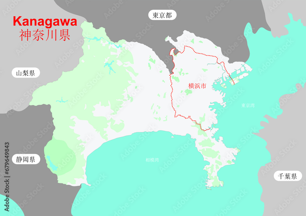 Fototapeta premium Color map of Kanagawa Prefecture with prefectural capital Yokohama