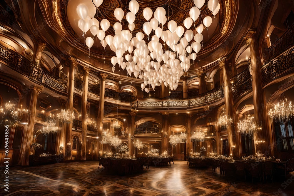 Obraz premium Interior Bliss with Plush Sofa and Cushions, Surrounded by a Mesmerizing 3D Wall Design, Under a Canopy of Pink Balloons Adorning the Rooftop, Creating a Playful Atmosphere of Elegance and Celebratio