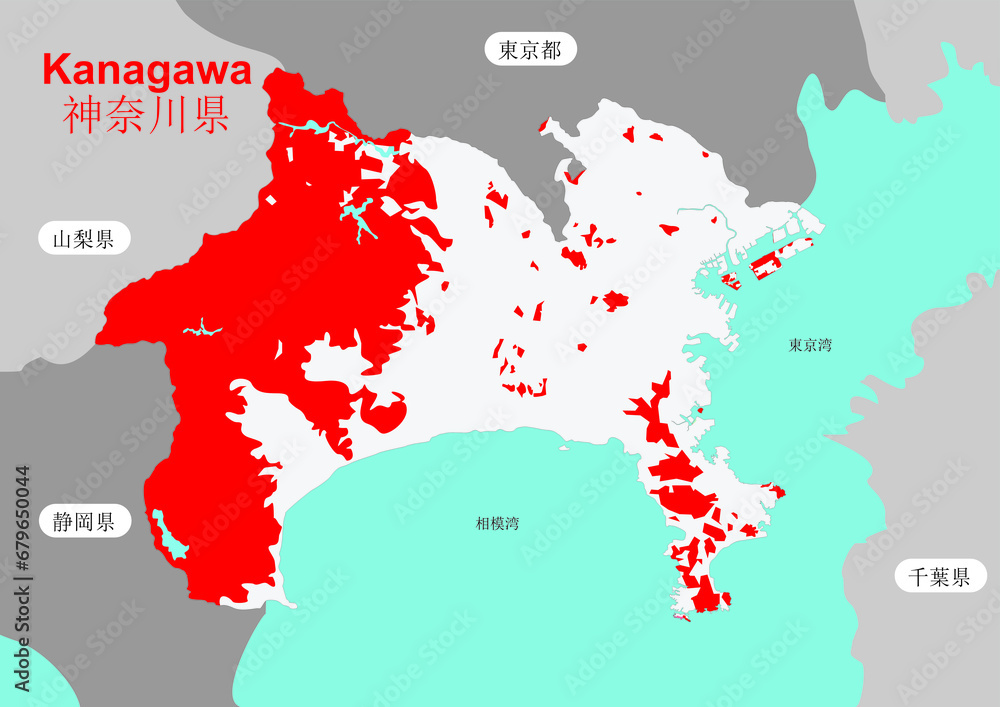 Red and white color map of Kanagawa Prefecture Red and white color map of Kanagawa Prefecture
