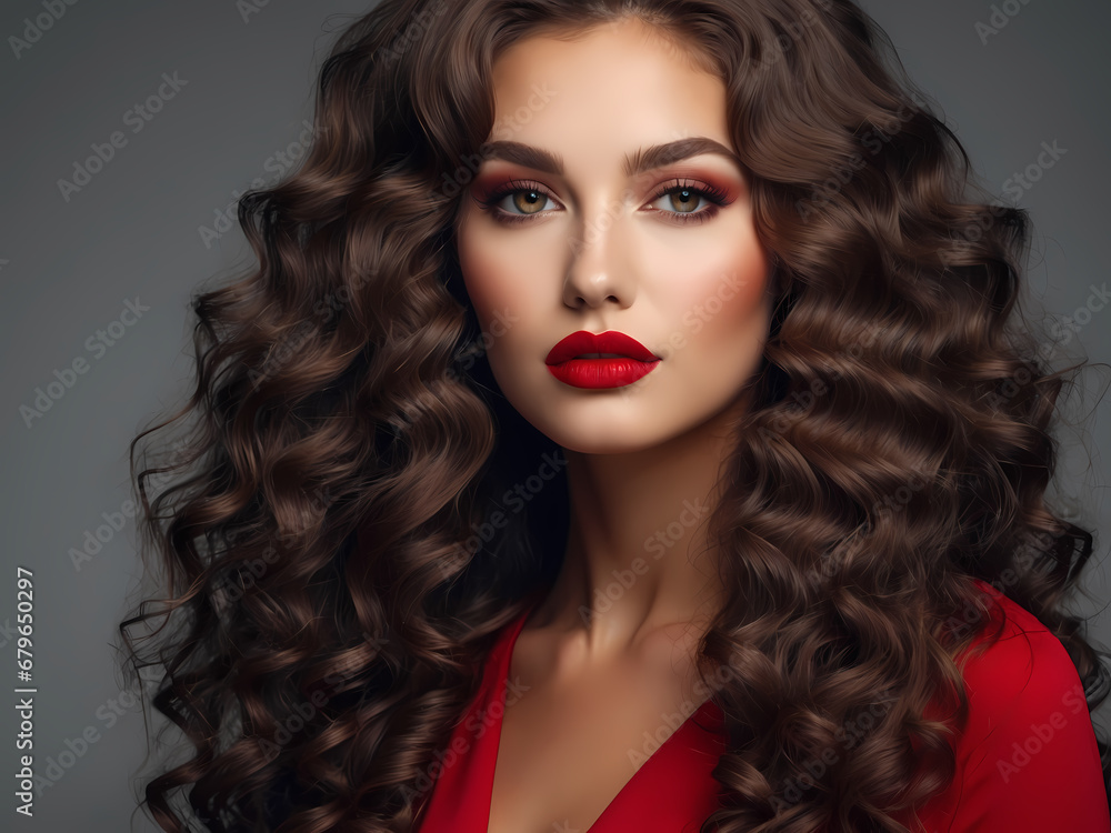 Hair, healthy long hair, hairstyle, make up. Beautiful woman with long hair, blue eyes and red lips Hair, healthy long hair, hairstyle, make up. Beautiful woman with long hair, blue eyes and red lips