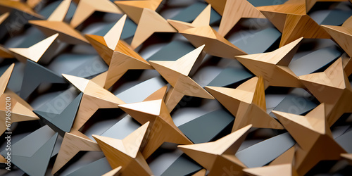 Geometric Fusion: Wooden Throwing Star and Silver Metallic Triangle. for Background, Wallpaper, Backdrop, etc.