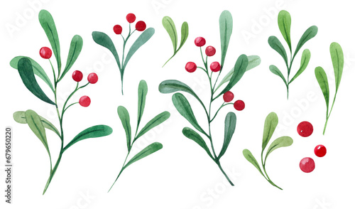 Watercolor Christmas set with branches and red berries. Hand painted holiday greenery isolated on white background. Floral illustration for design, print, fabric or background, congratulation, card.