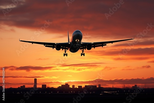 silhouette of an airplane taking off at dawn