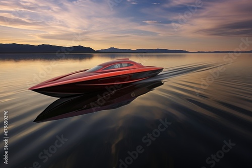 perspective shot of a long, sleek speedboat on a lake photo
