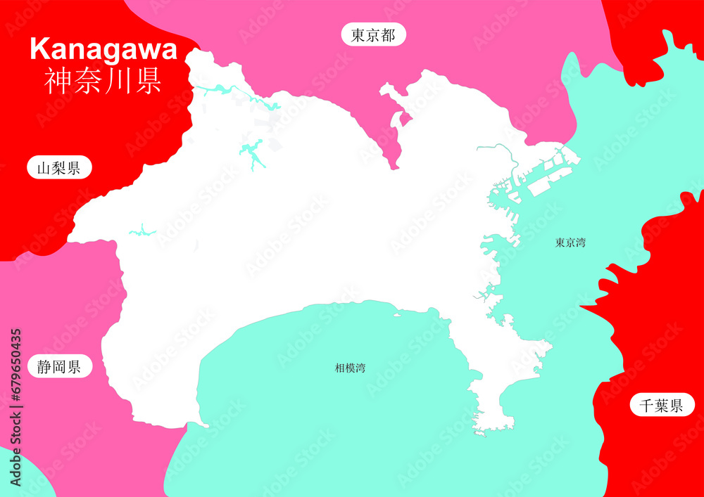 Fototapeta premium White map of Kanagawa Prefecture with red degradation color background and prefectural capital Yokohama