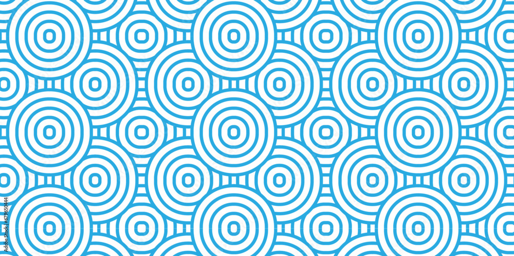 Fototapeta premium Modern geometric ocean spiral pattern and abstract circle wave lines. blue seamless tile stripe geomatics overlapping create retro square line backdrop pattern background. Overlapping Pattern.