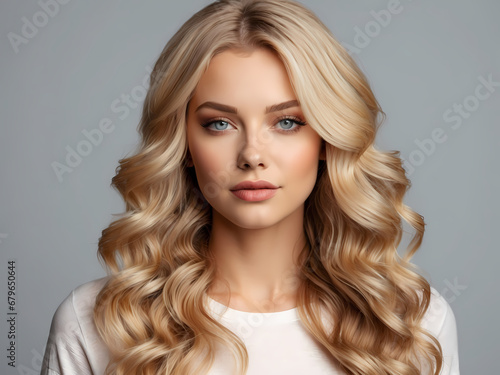 Hair, healthy long hair, hairstyle, make up. Beautiful woman with long hair, blue eyes and red lips