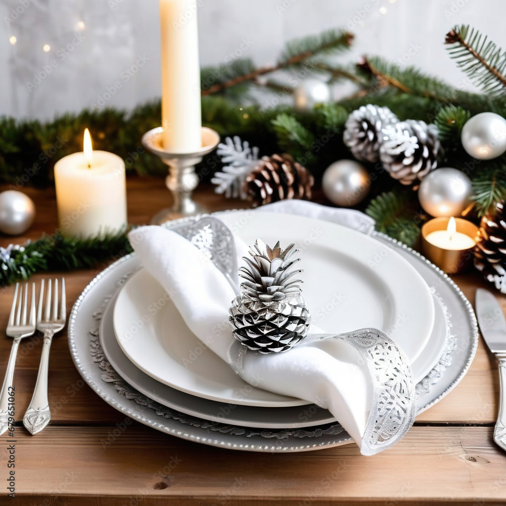 Mesa decorada para Navidad con vajilla blanca y plateada. Mesa de madera con decoración festiva navideña. Decoración de fiesta. Hecho con IA. Mesa decorada para Navidad con vajilla blanca y plateada. Mesa de madera con decoración festiva navideña. Decoración de fiesta. Hecho con IA.