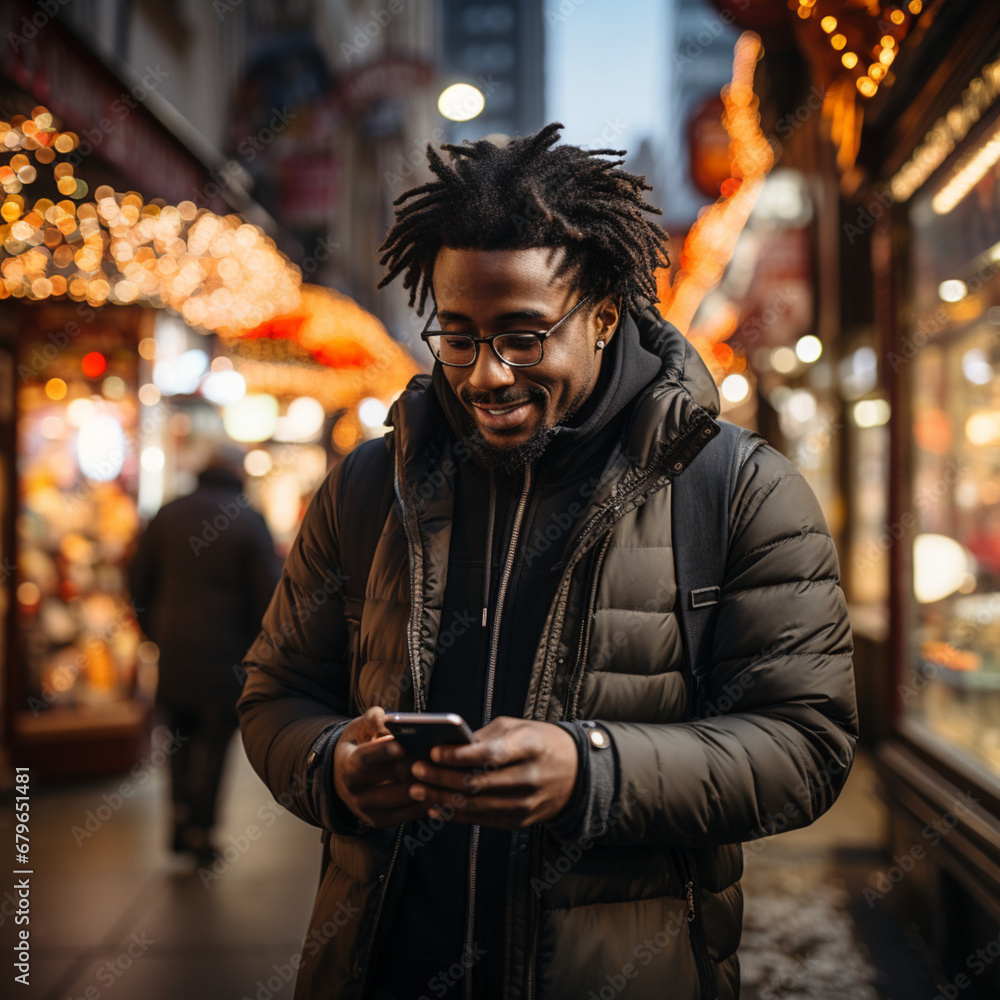 Young african american man using mobile phone in a city,Generative AI