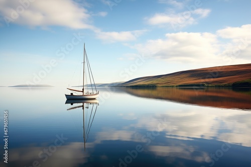 a small sailing boat reflected on calm water