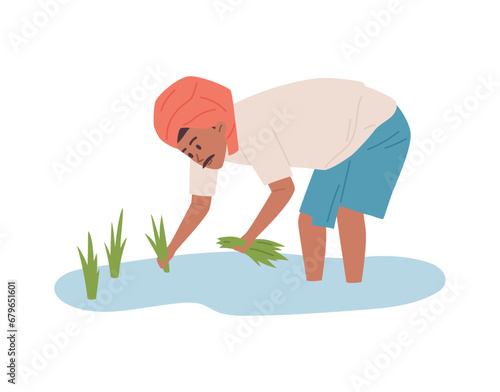 Indian farmer, man working in the field, vector isolated on white