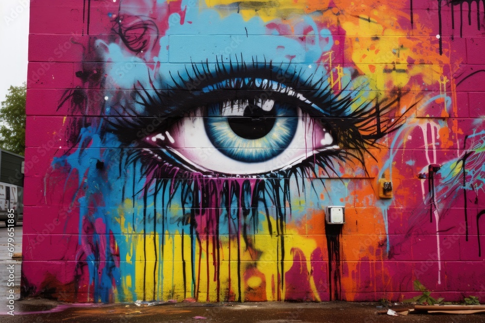 an eye painted on a colorful graffiti wall