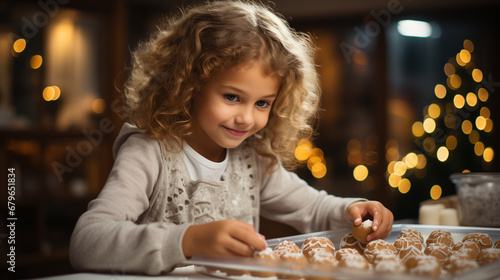 Cute child making christmas cookies on kitchen at home, ai generated