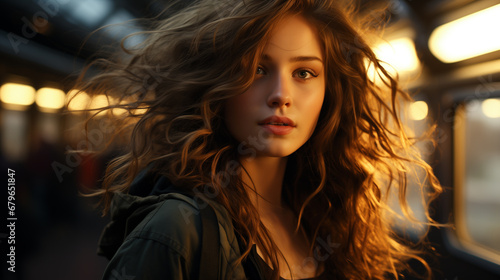 Beautiful young woman near the train, ai generated