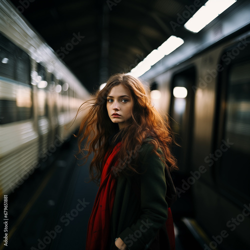 Beautiful young woman near the train, ai generated
