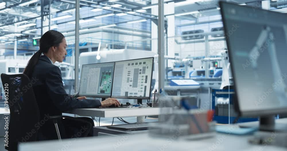 Asian Industrial Engineer Doing Creative Work on a Computer in Office. Female Creating an Innovative Motherboard with Powerful Microchips for Artificial Intelligence Systems Asian Industrial Engineer Doing Creative Work on a Computer in Office. Female Creating an Innovative Motherboard with Powerful Microchips for Artificial Intelligence Systems