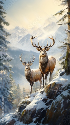 Two stag animal in the forest in winter slovene landscape Ai generated art