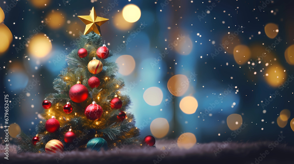Christmas Tree With Baubles And Blurred Shiny Lights - Generated by Generative AI Christmas Tree With Baubles And Blurred Shiny Lights - Generated by Generative AI